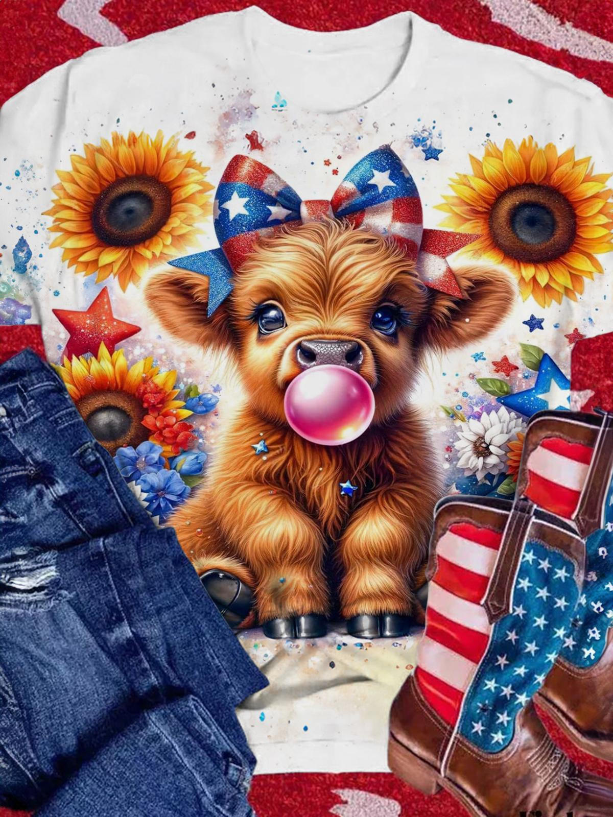 Red Blue Bubble Gum Highland Cow Crew Neck T-shirt