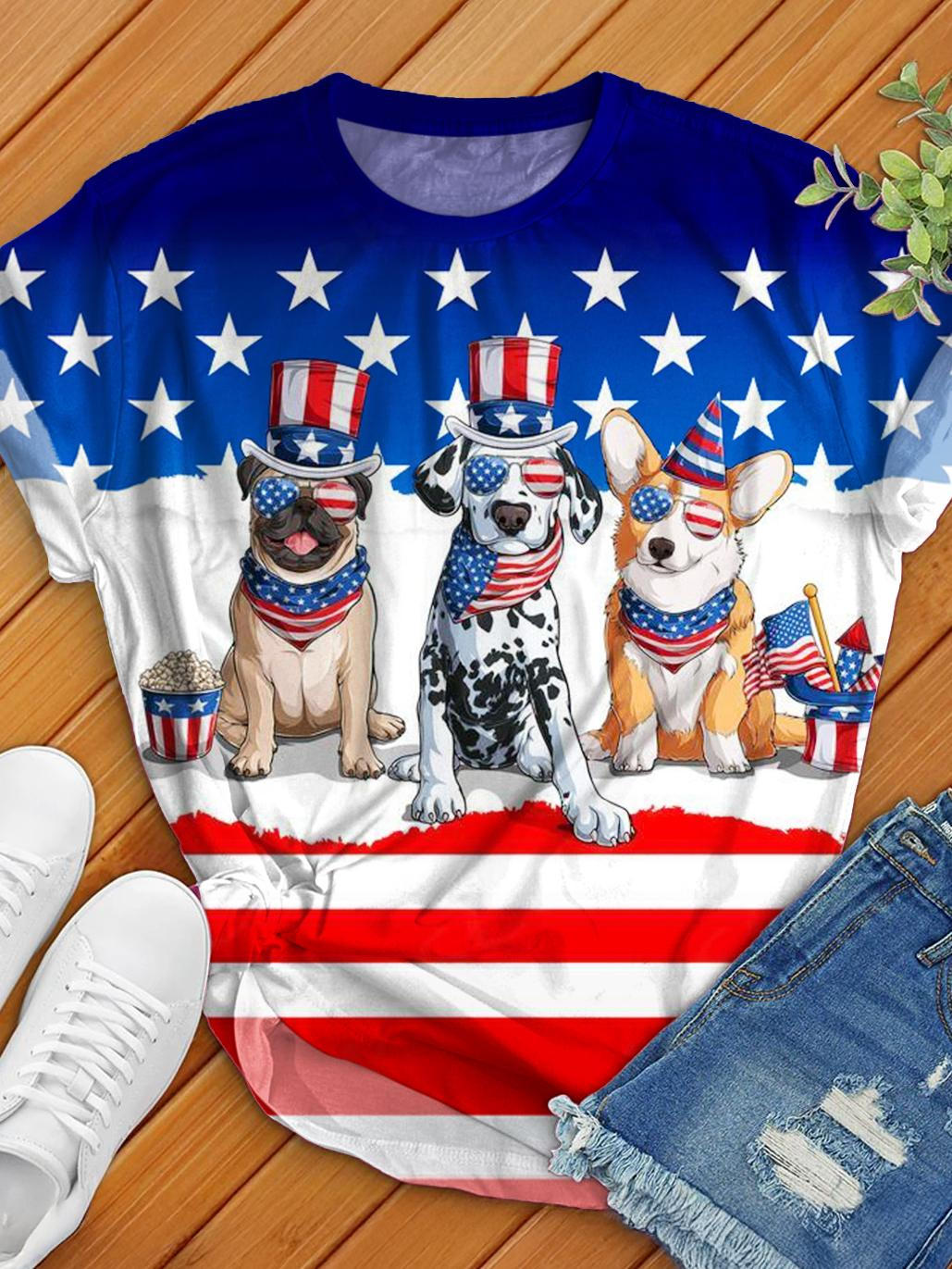 Independence Day Cute Puppy Flag Print Crew Neck T-shirt