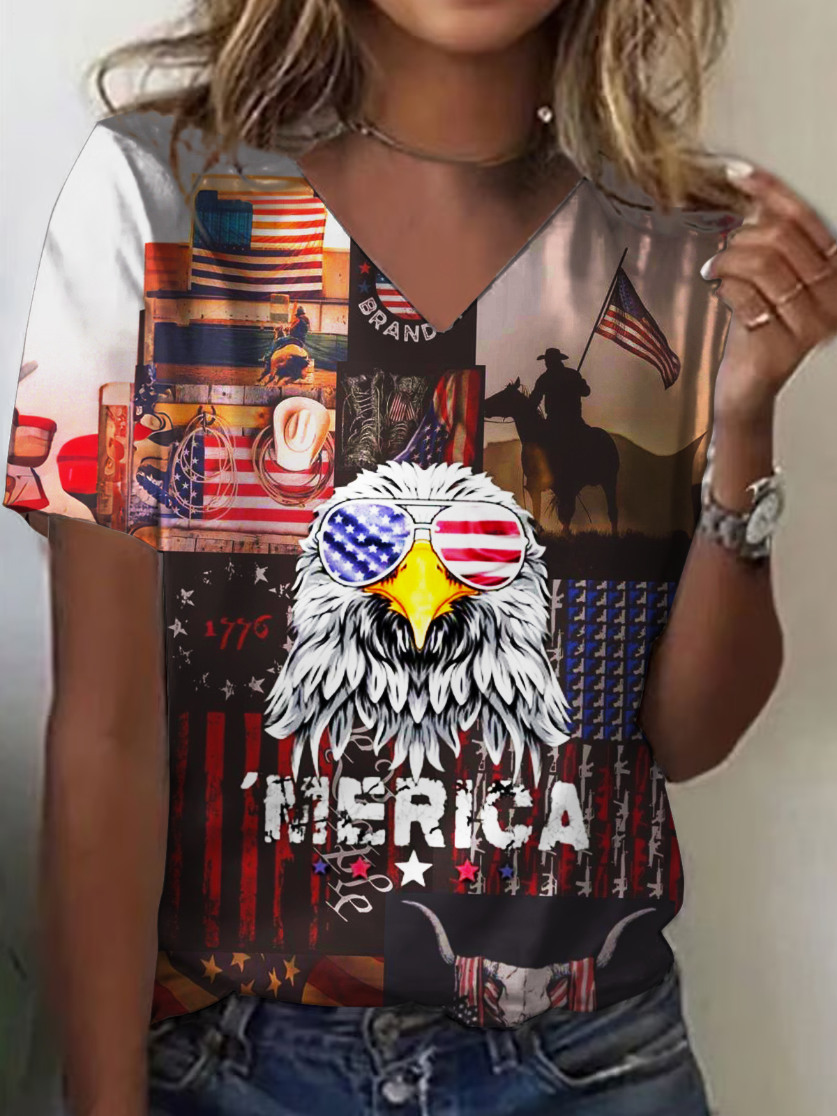 Freedom American Flag Bald Eagle V-neck T-Shirt