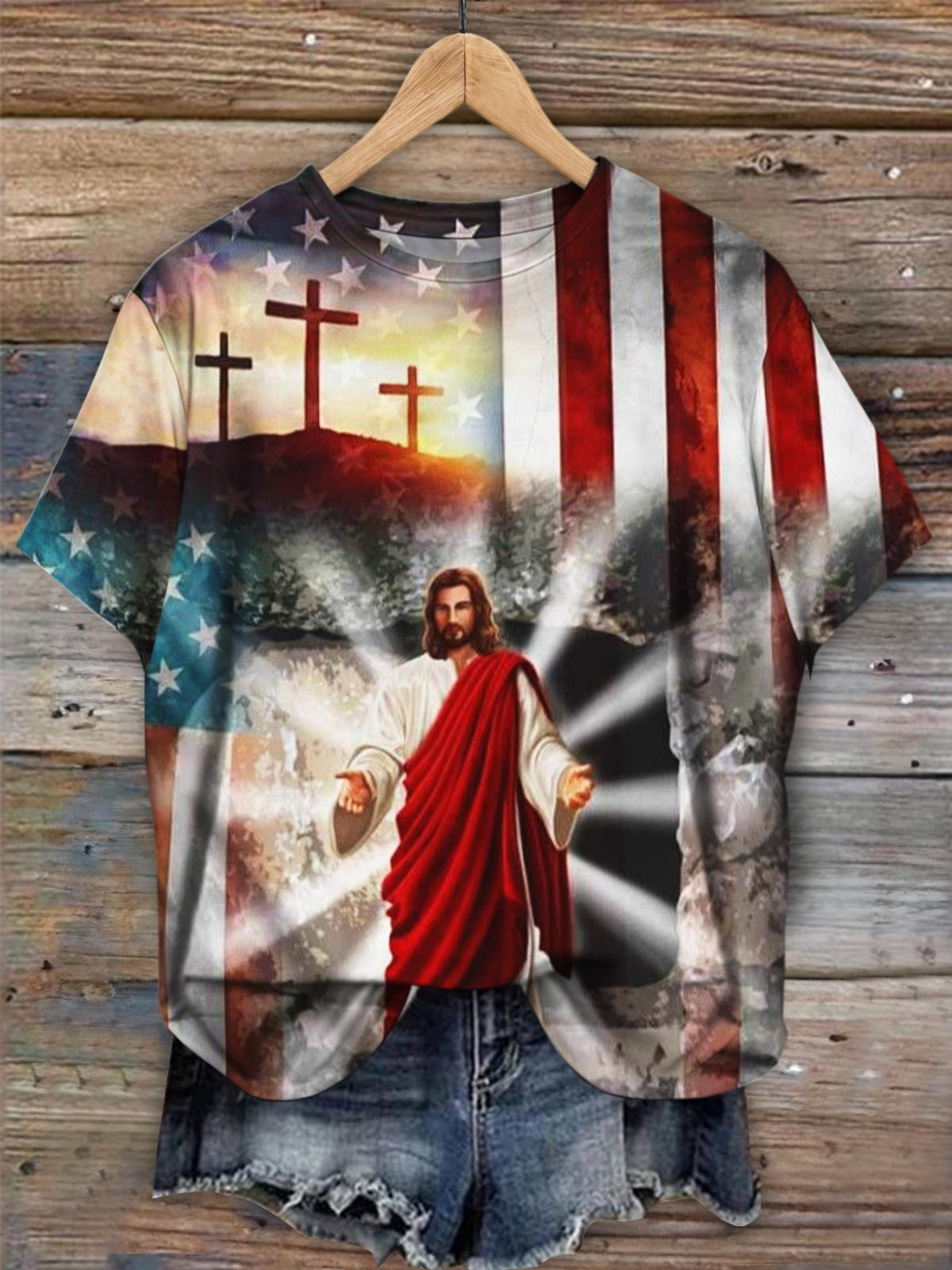 American Flag Jesus Faith Print Casual Top