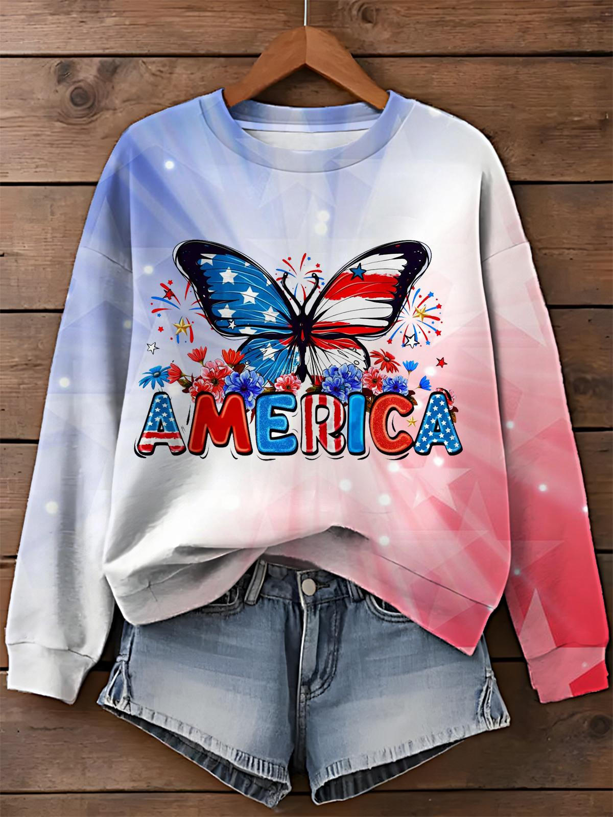 American Butterfly Printed Long Sleeve Casual Top