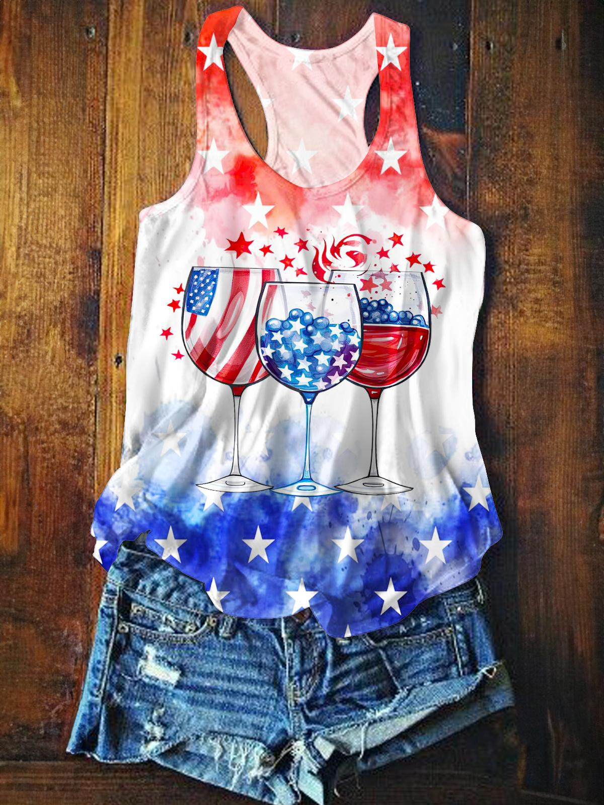 Vintage Flag Independence Day Wine Glass Print Casual Sleeveless Top