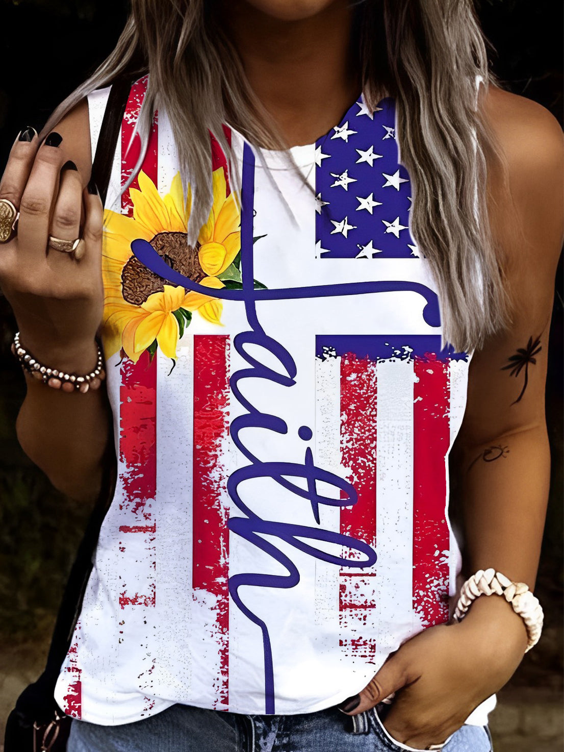 Faith Flag Sunflower Print Casual Tank Tops