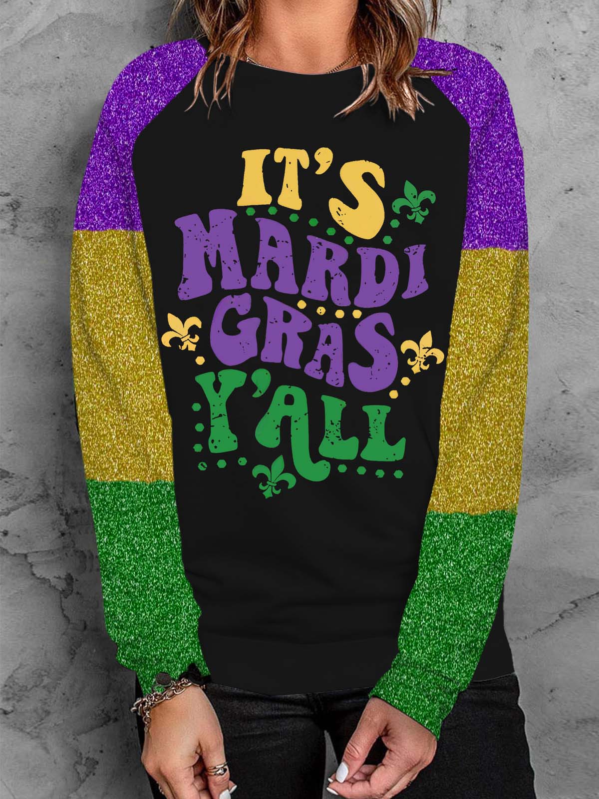 Its Mardi Gras Yall Print Long Sleeve Top