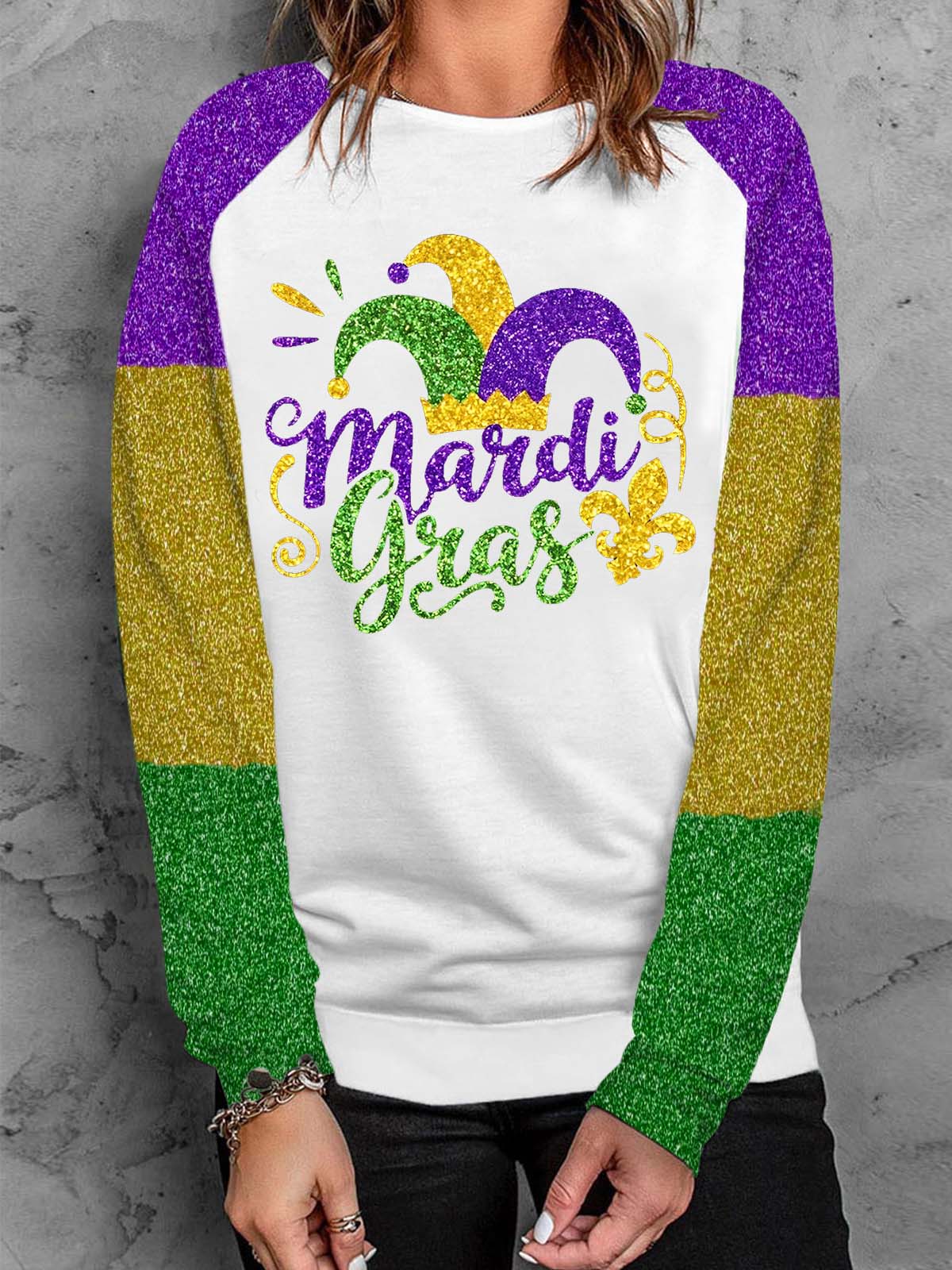 Happy Mardi Gras Print Long Sleeve Top