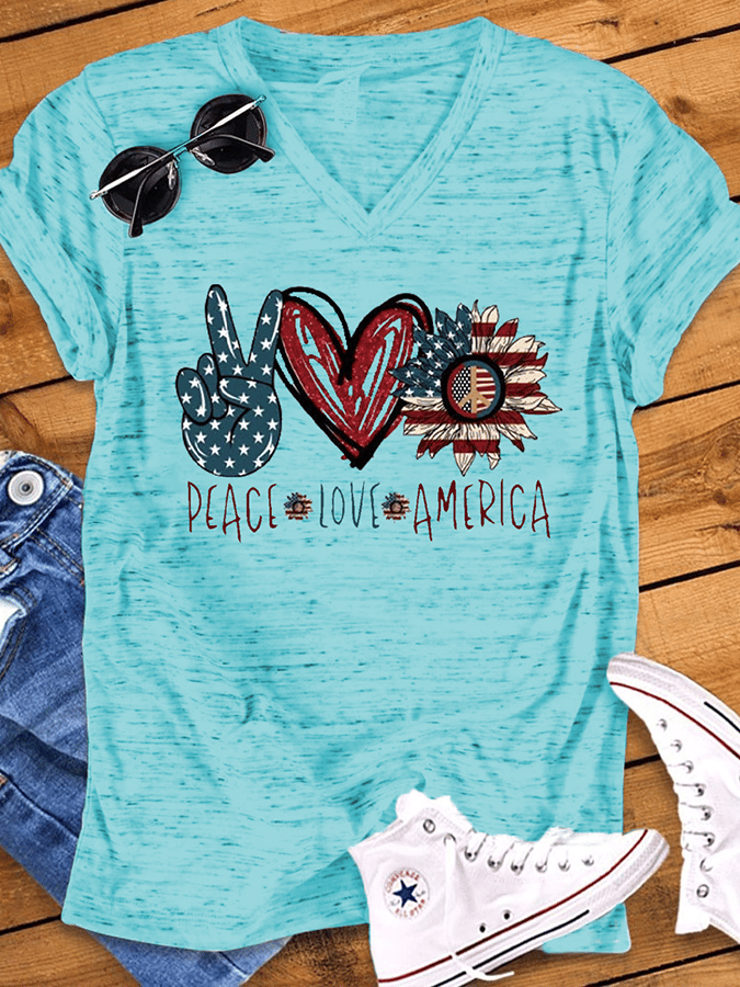 Women's V-neck PEACE LOVE AMERICAN Flag Printed Short Sleeve T-shirt
