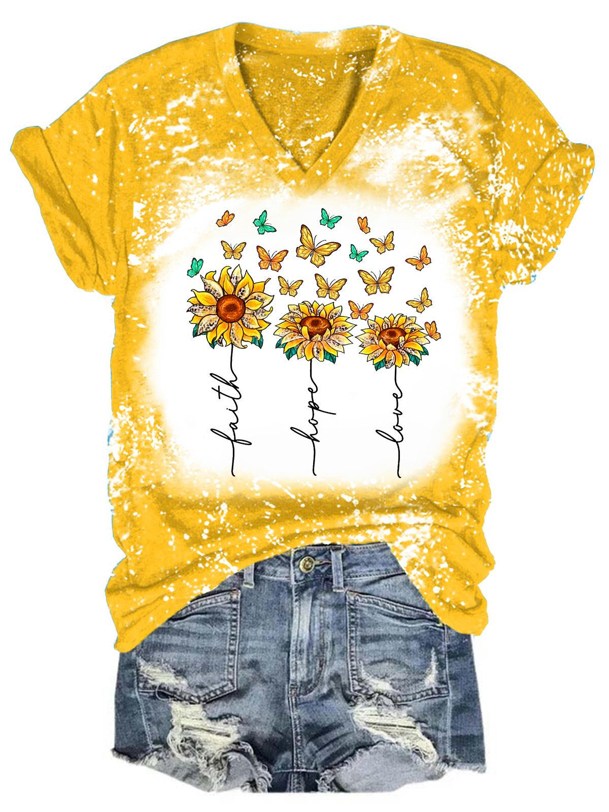 Sunflower Butterfly Tie Dye V Neck T-Shirt