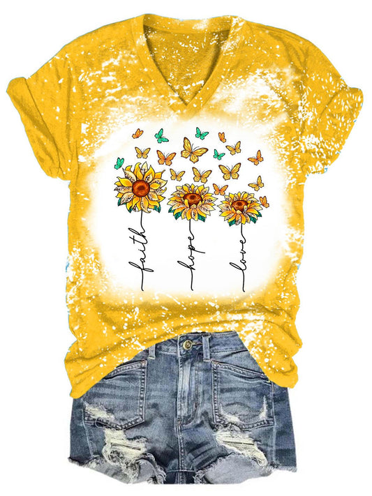 Sunflower Butterfly Tie Dye V Neck T-Shirt