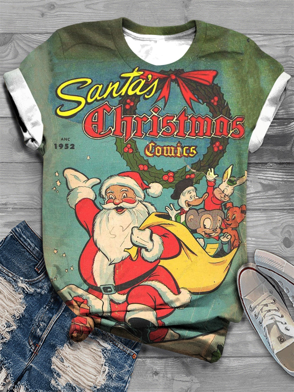 T-Shirt mit Rundhalsausschnitt und Weihnachtsmann-Retro-Poster-Print