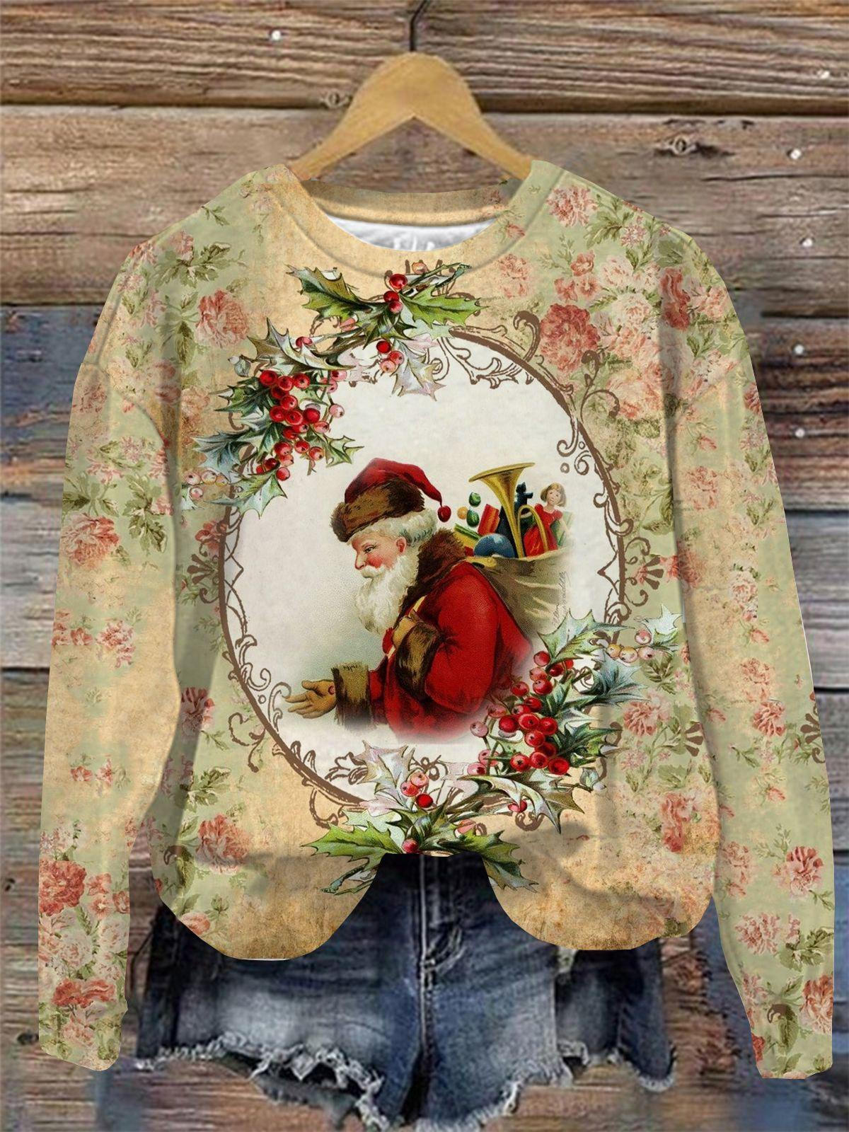Vintage Floral Santa Print Round Neck Long Sleeve Top