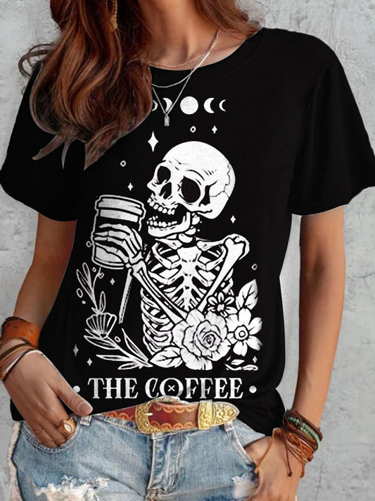 Skull Coffee Print Short Sleeve Top