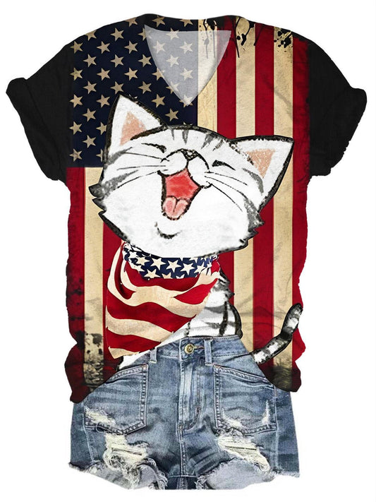 Flag Cat V-Neck Short Sleeve T-Shirt