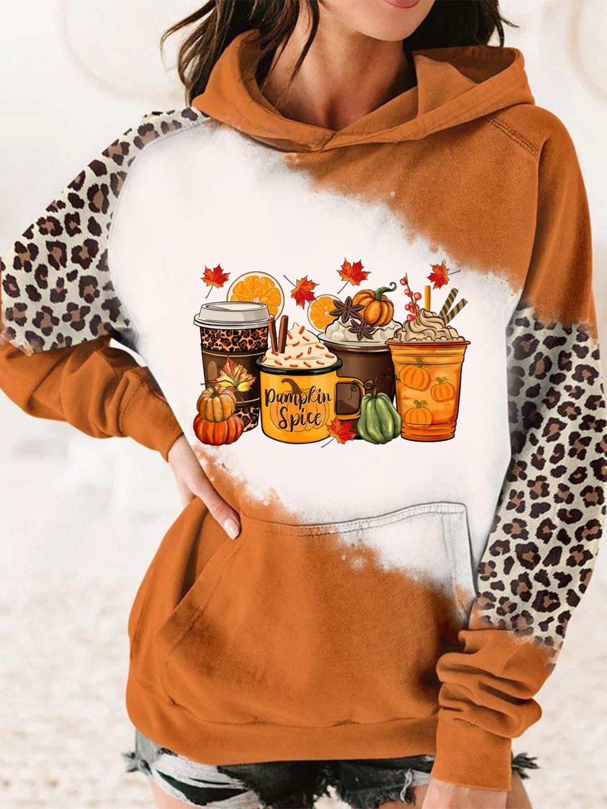 Thanksgiving Coffee Drinks Leopard Tie Dye Long Sleeve Hoodie