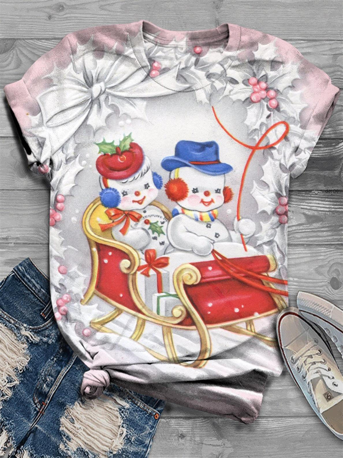 Cute Snowman Print Crew Neck T-Shirt