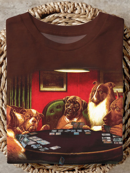 Dogs Playing Magic Print Crew Neck T-shirt