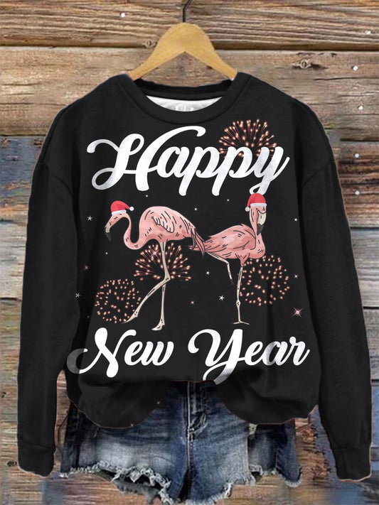 Happy New Year Flamingo Birds Holiday Print Long Sleeve Top