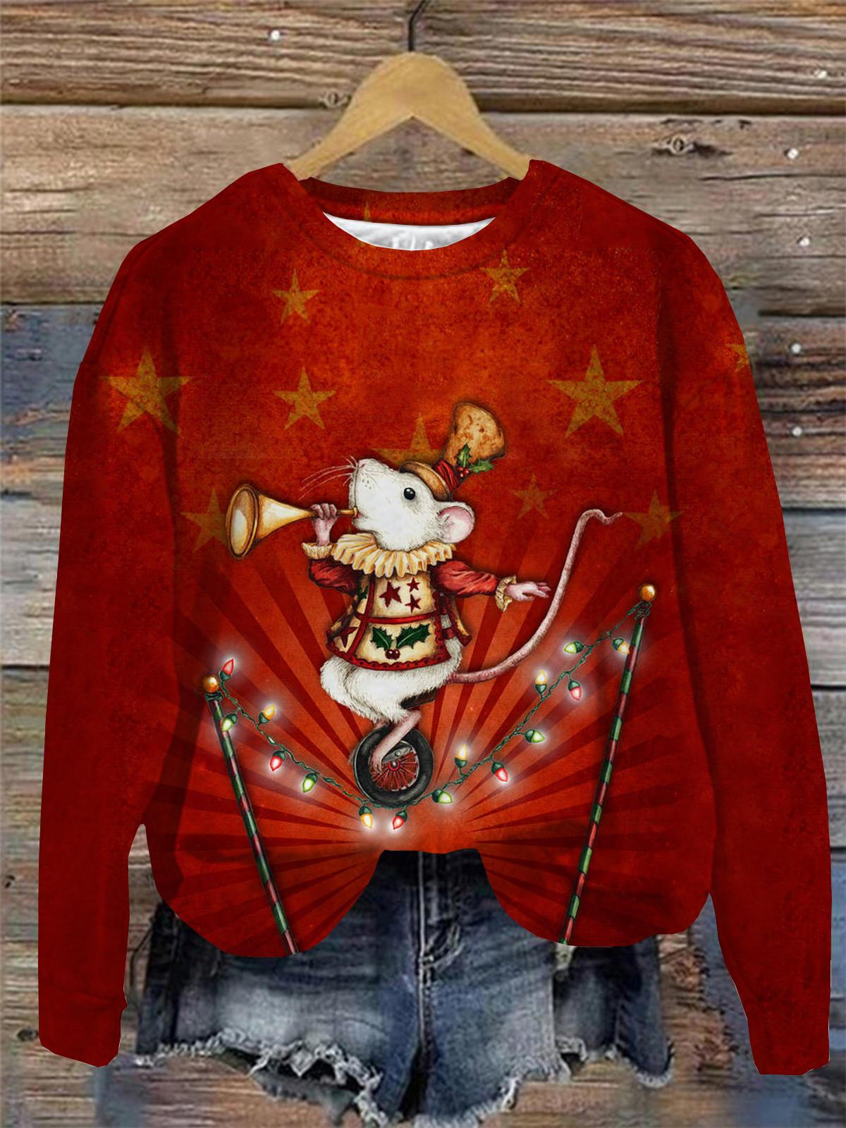 Christmas Mouse Print Round Neck Long Sleeve Top