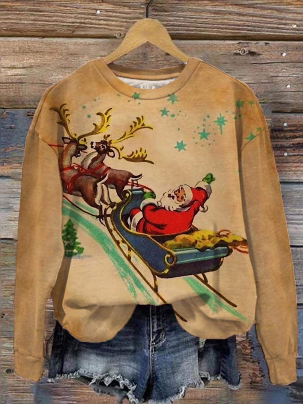 Lässiges Oberteil mit Vintage-Weihnachtsmann-Print für Damen