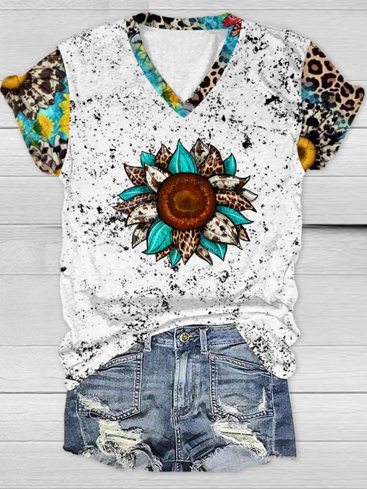 Western Cowhide Sunflower Leopard Print V Neck T-shirt