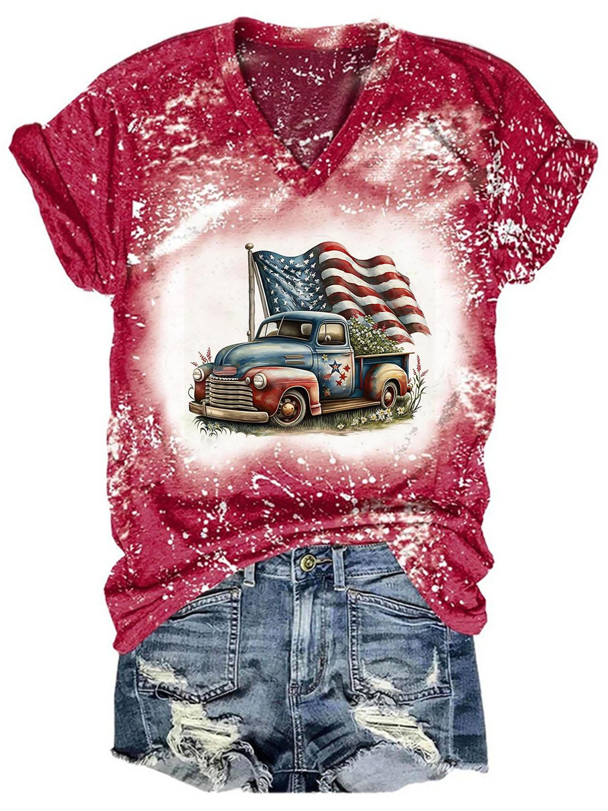 Women's Retro American Flag Truck Print T-Shirt