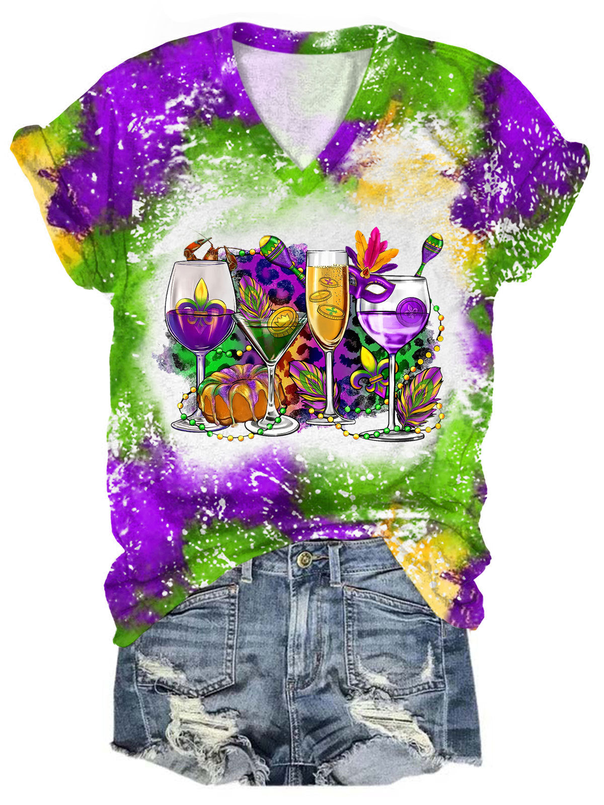 Women's Mardi Gras Wine Glass Print Top