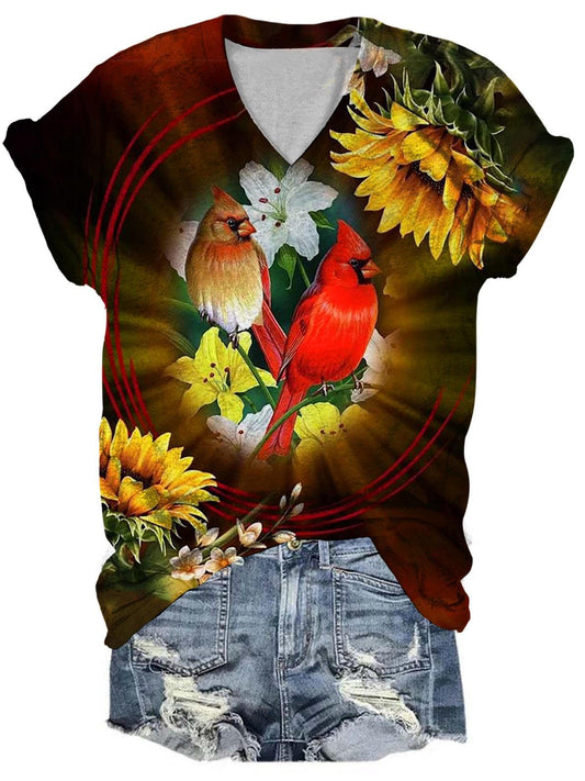 Sunflower Red Bird Print V-Neck T-Shirt