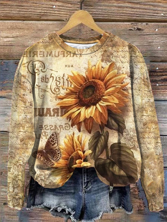 Women's Vintage Sunflower Print Crew Neck Long Sleeve Top