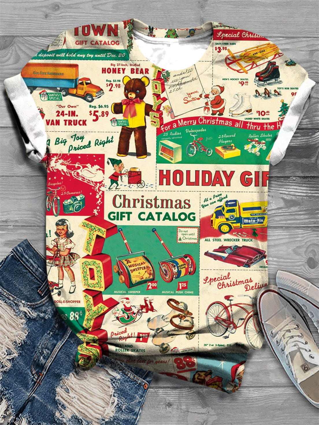Christmas Retro Poster Crew Neck T-Shirt