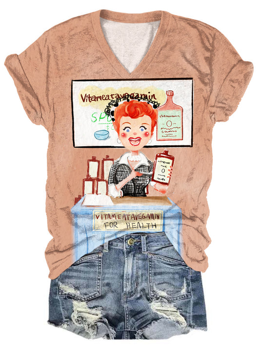I Love Lucy Funny Print V-Neck T-Shirt