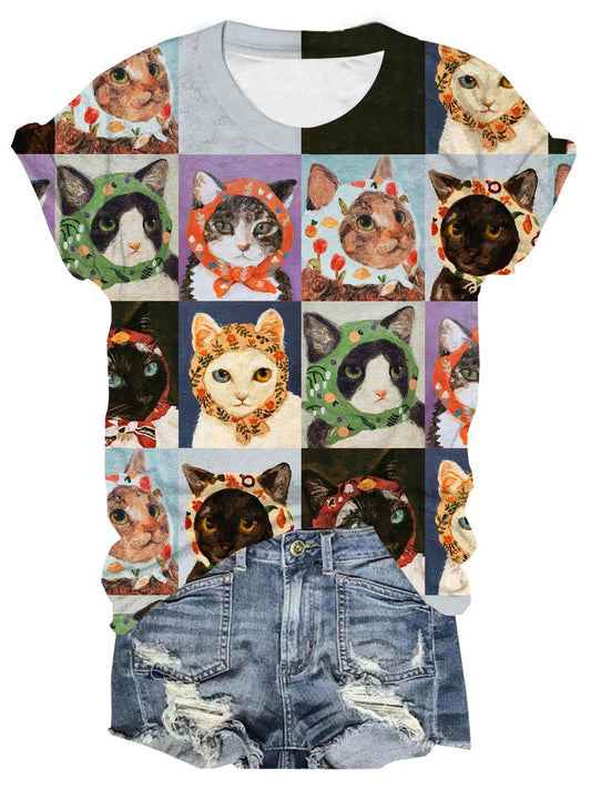 Cute Kitties Print Crew Neck T-shirt