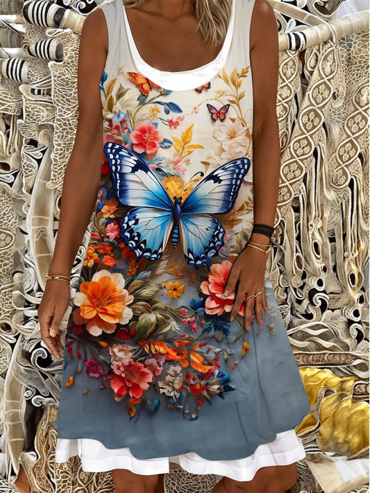 Blue Floral Butterfly Ladies False Two Dress