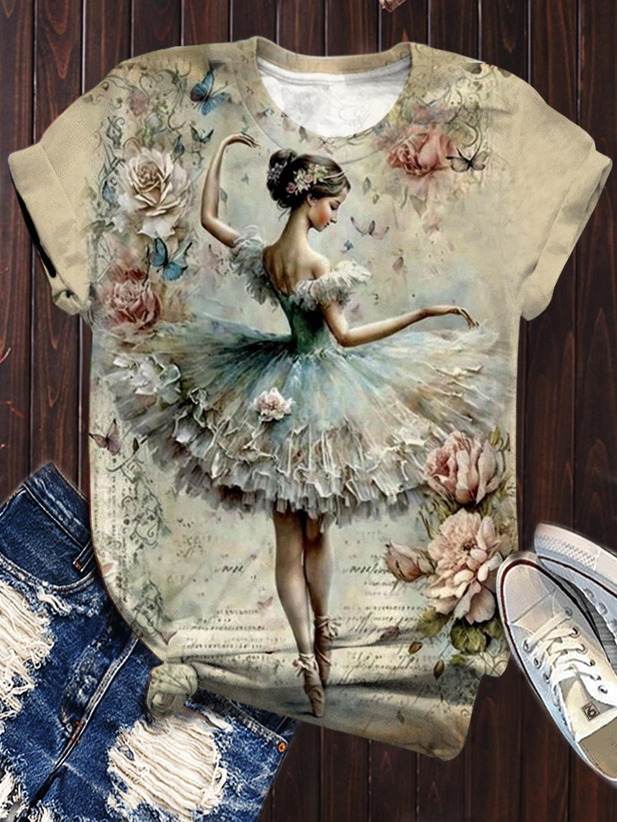Women's Retro Ballet Girl Printed Casual Top