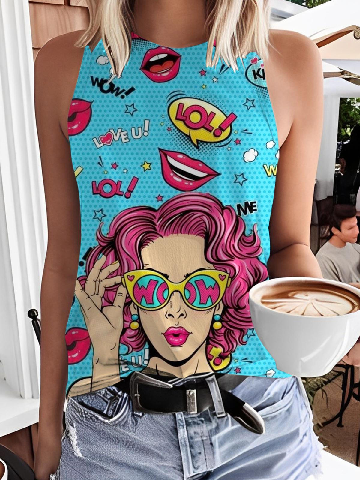 Women's American Retro Comic Print Casual Tank Top