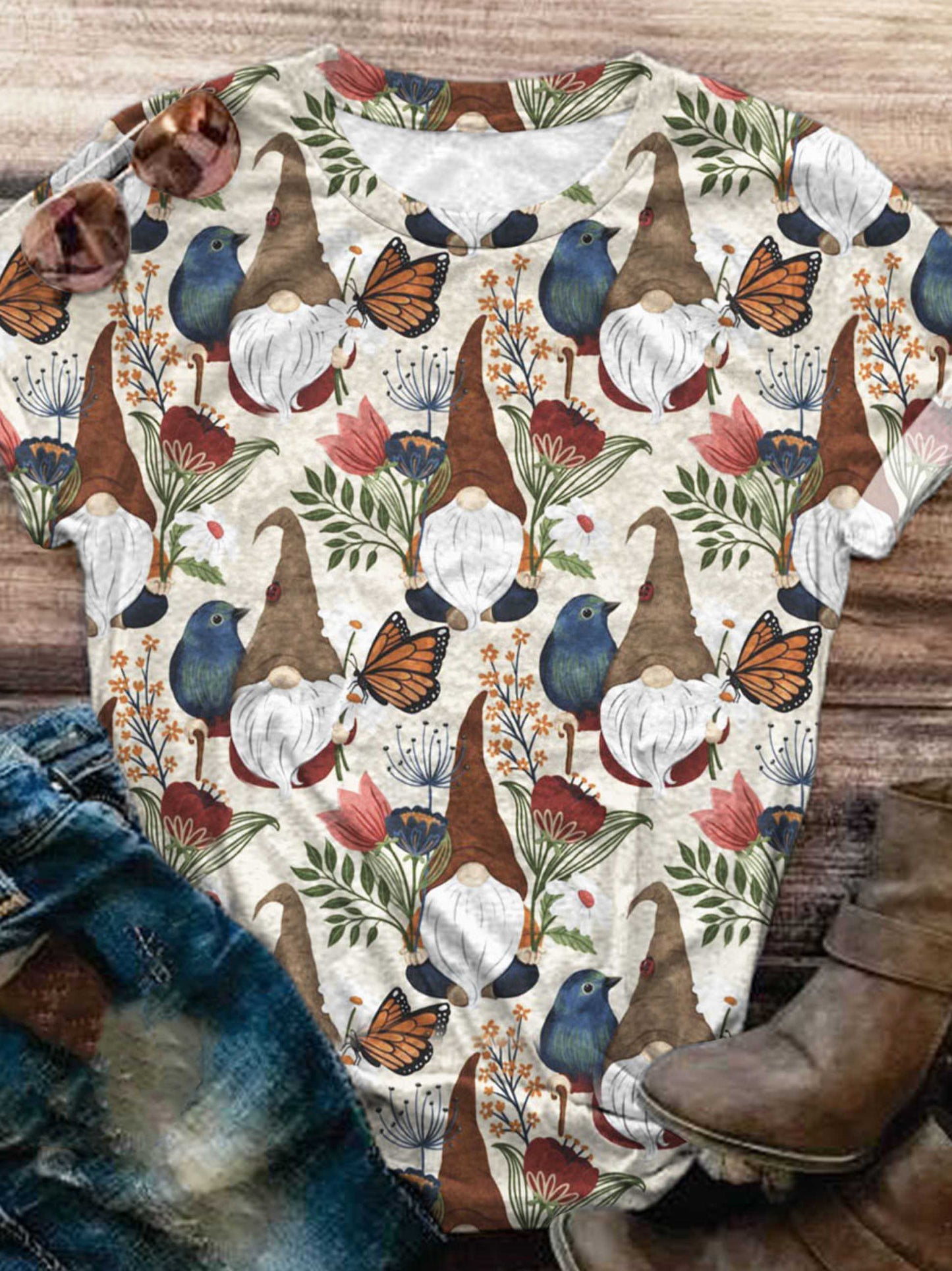 Vintage Gnome Print Crew Neck T-Shirt