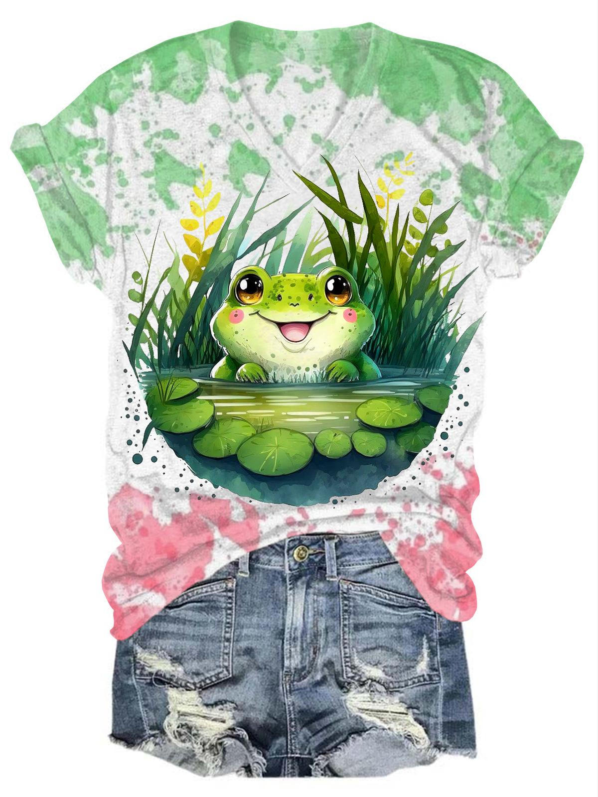 Tie Dye Frosch Lotusblatt Teich V-Ausschnitt T-Shirt