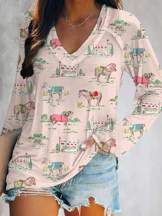 Women's Horse Graphic Print V-Neck Long Sleeve T-Shirt
