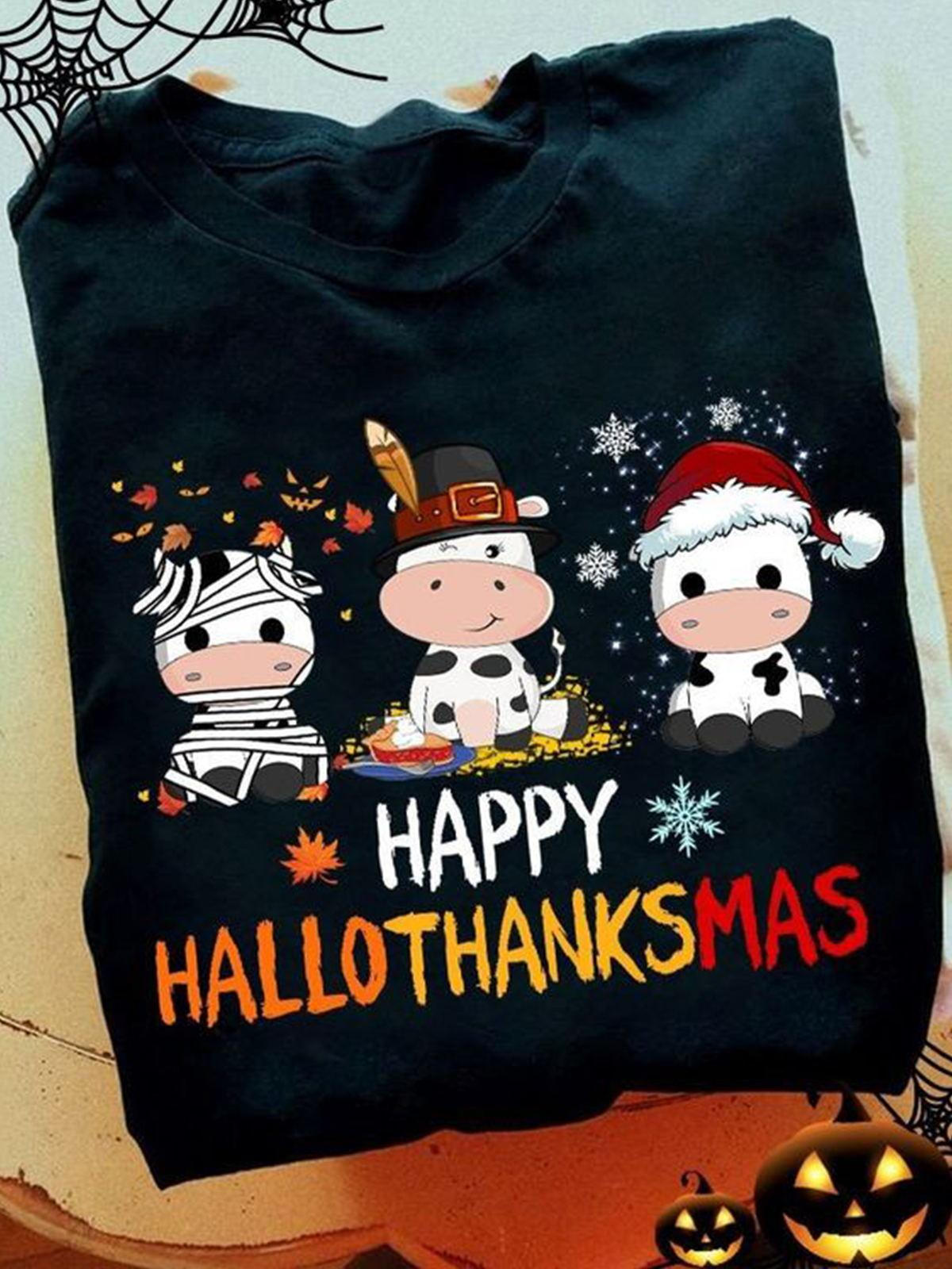 HAPPY HALLOTHANKSMAS Animal Print Crew Neck Short Sleeve Women's T-Shirt