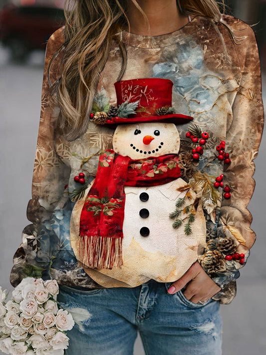 Women's Winter Christmas Snowman Print Tops
