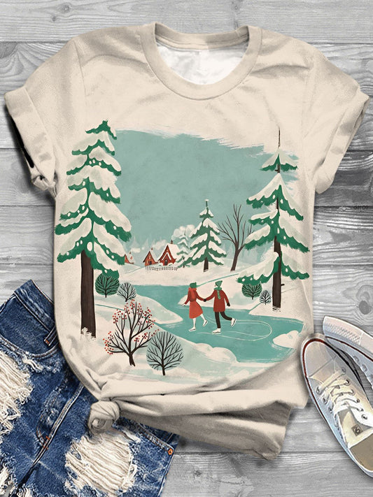 Winter Snow Print Crew Neck T-shirt