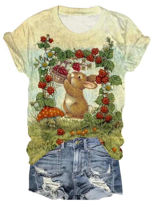 Vintage Fruit Garden Bunny Crew Neck T-shirt