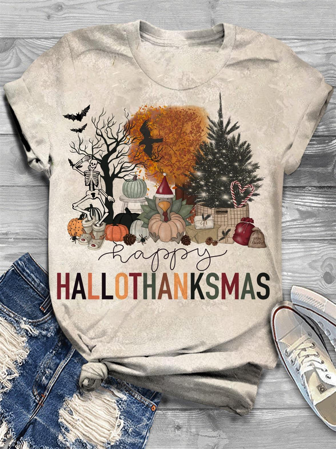 Hallothanksmas Turkey Pumpkin Christmas Tree Tee