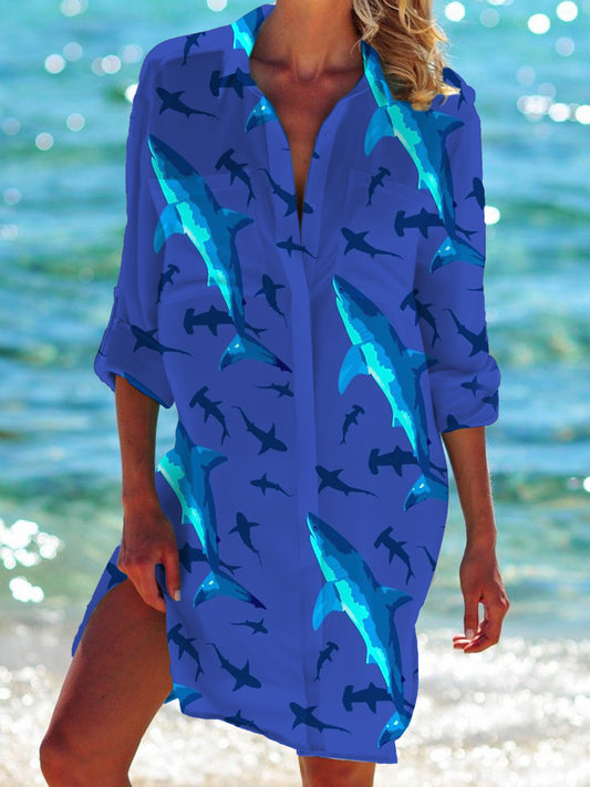 Shark Long Sleeve Beach Shirt Dress