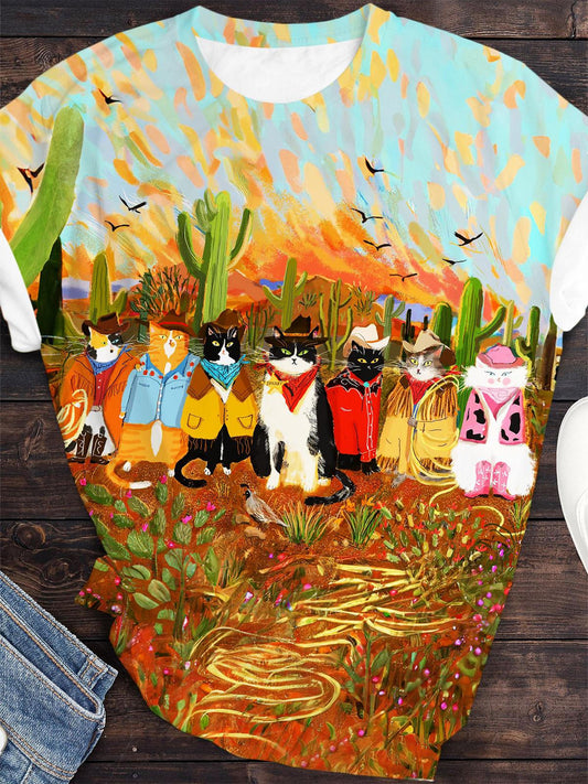 Western Cat Painting Art Crew Neck T-shirt
