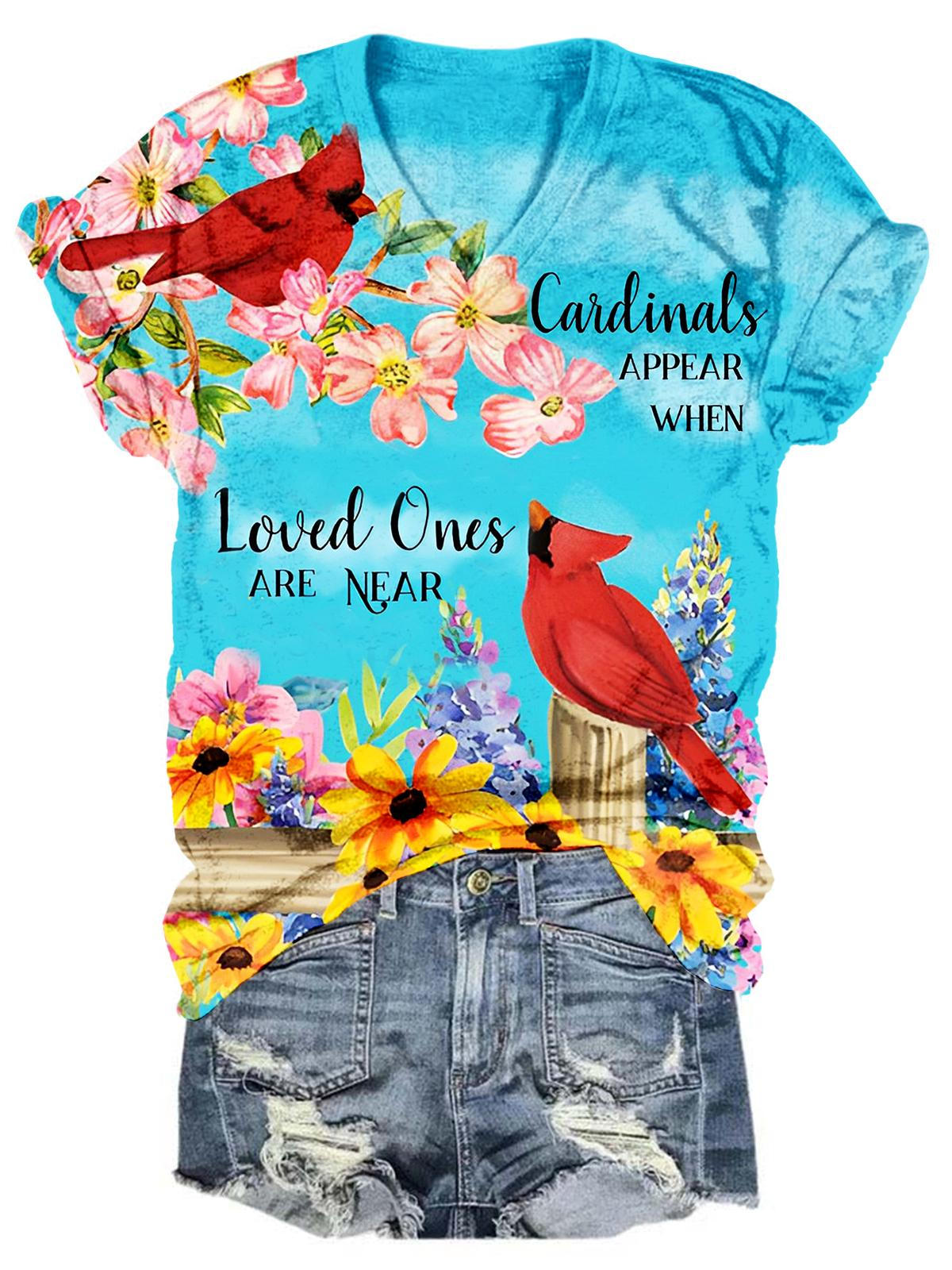 Women's V Neck Cardinal Print Top