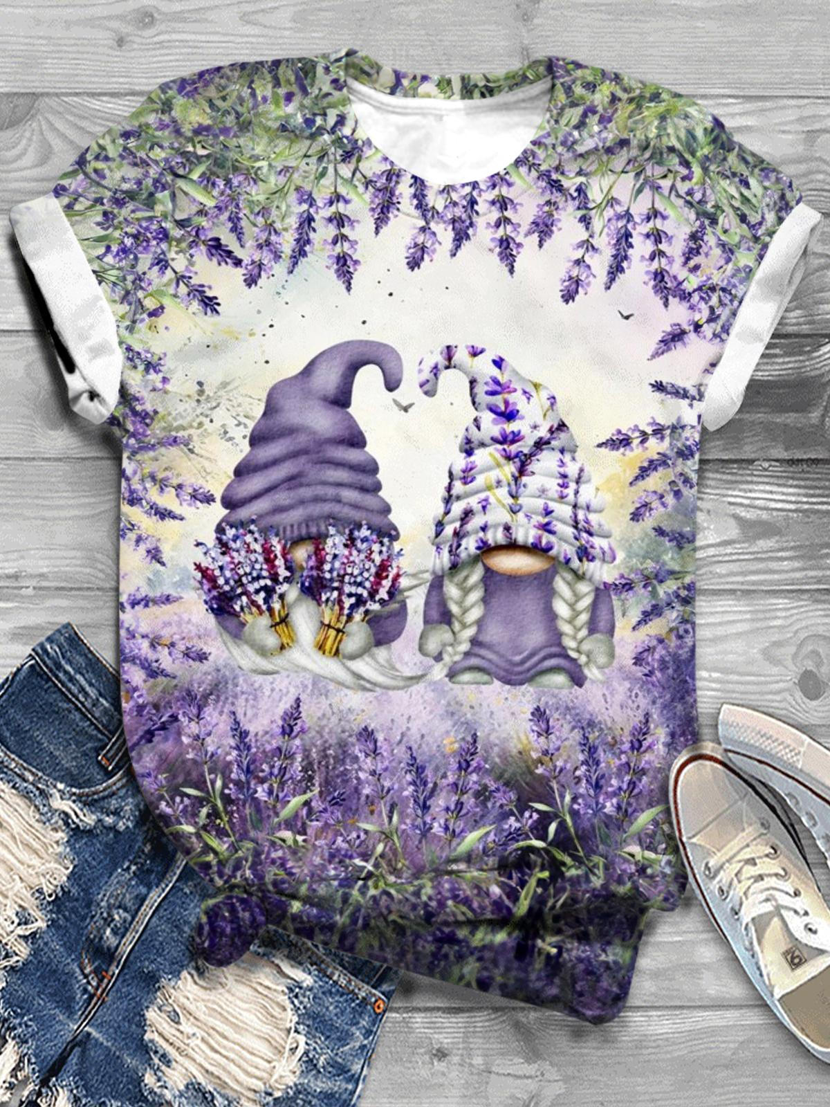 Lavendel Blumenständer Gnome Rundhals T-Shirt