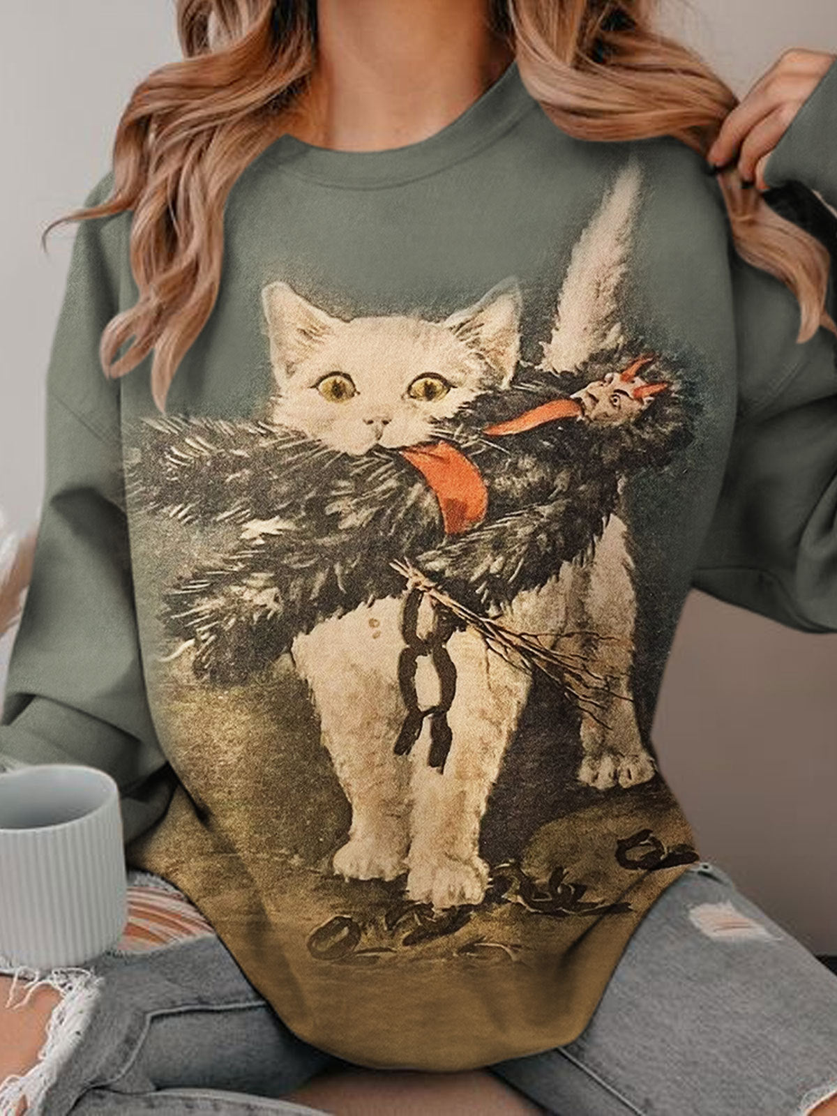 Vintage Cat Print Round Neck Long Sleeve Top