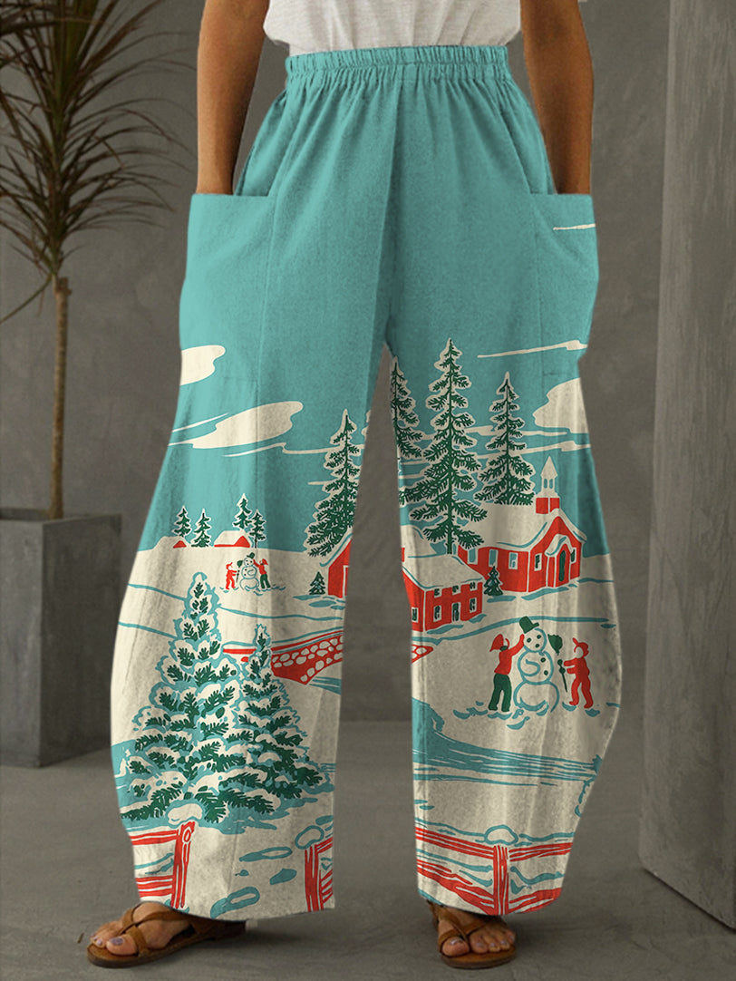 Vintage Winter Print Casual Pants