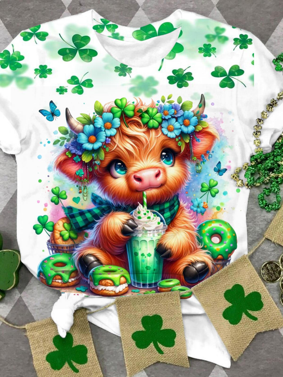 Green Floral Baby Highland Cow Crew Neck T-shirt