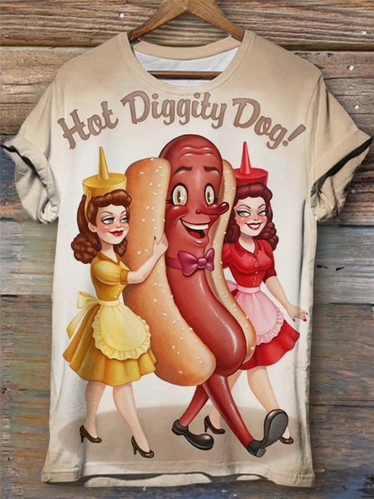 Retro Hot Diggity Dog Print Crew Neck T-Shirt