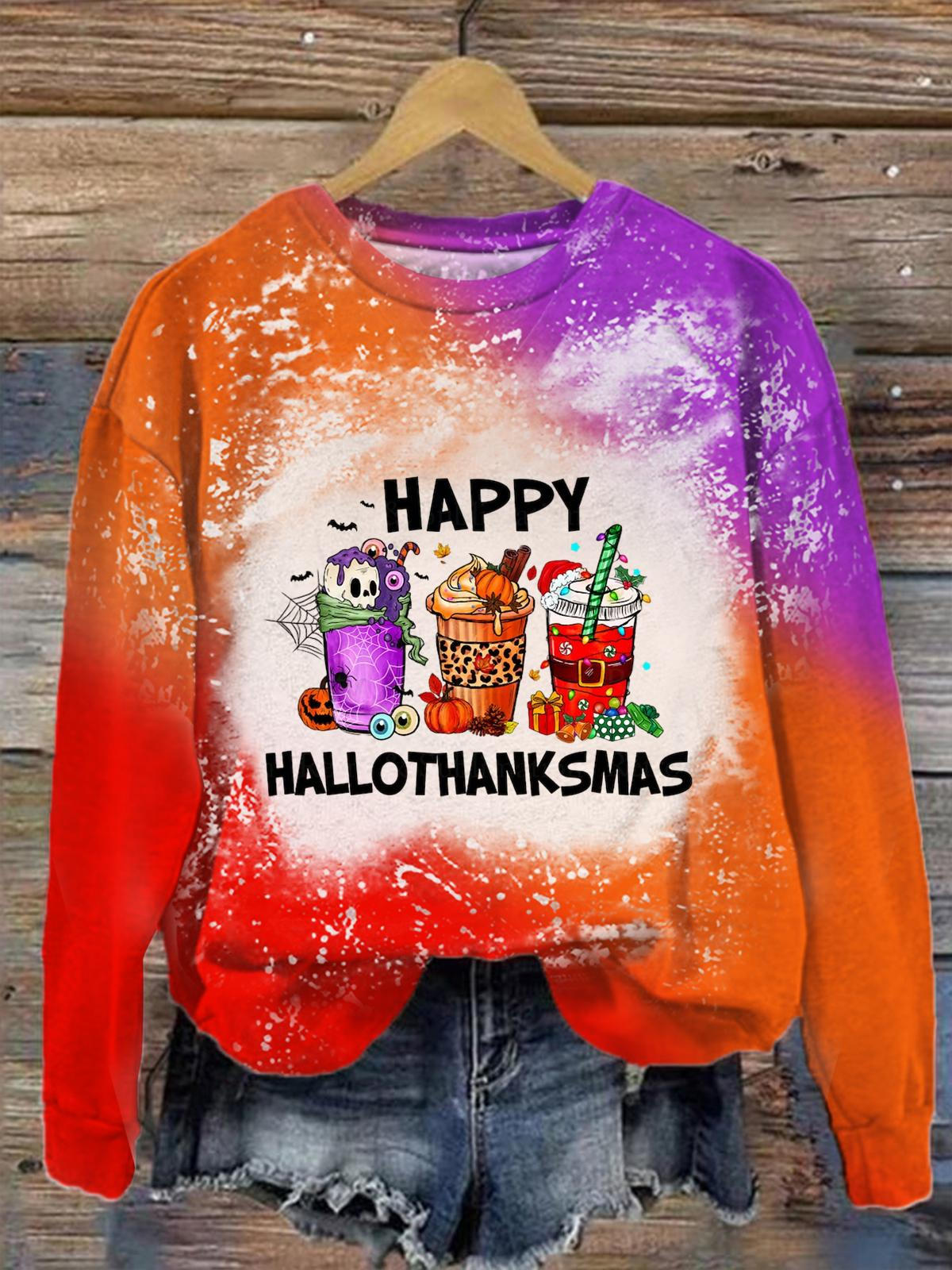 Happy Hallothanksmas Tie Dye Print Round Neck Top